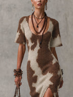 Brown Animal Print Fringe Knit Bodycon Dress