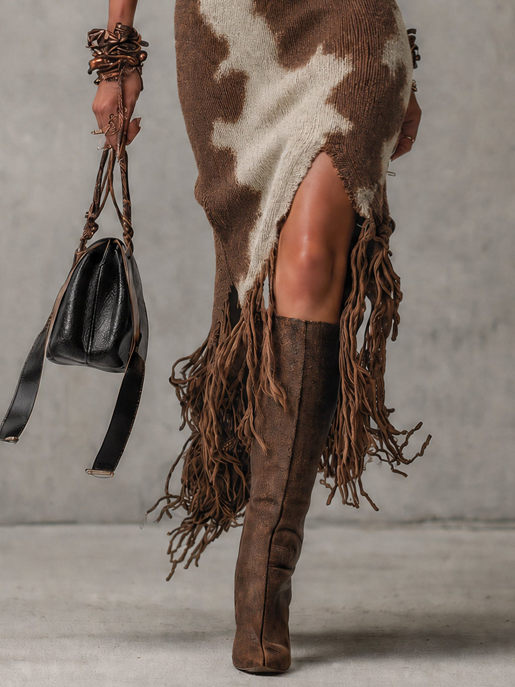 Brown Animal Print Fringe Knit Bodycon Dress