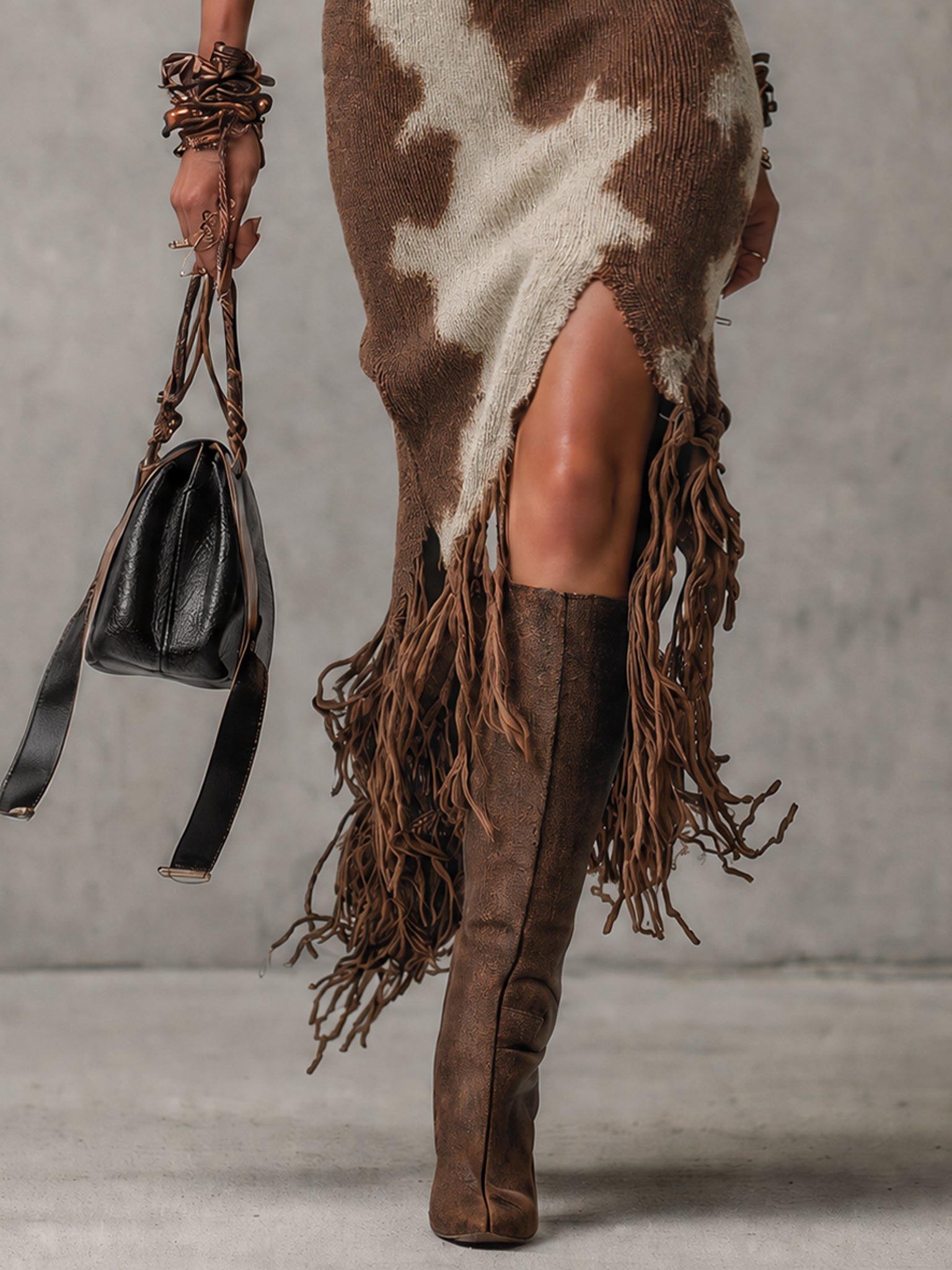 Brown Animal Print Fringe Knit Bodycon Dress