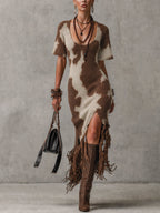 Brown Animal Print Fringe Knit Bodycon Dress