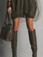 Green Deep V-Neck Knit Tulle Spliced Mini Dress