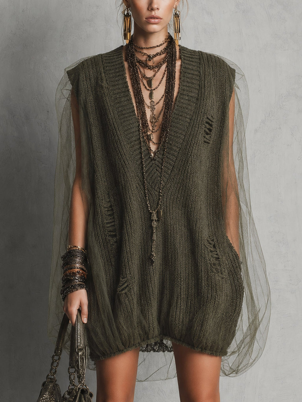 Green Deep V-Neck Knit Tulle Spliced Mini Dress