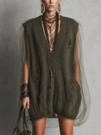 Green Deep V-Neck Knit Tulle Spliced Mini Dress
