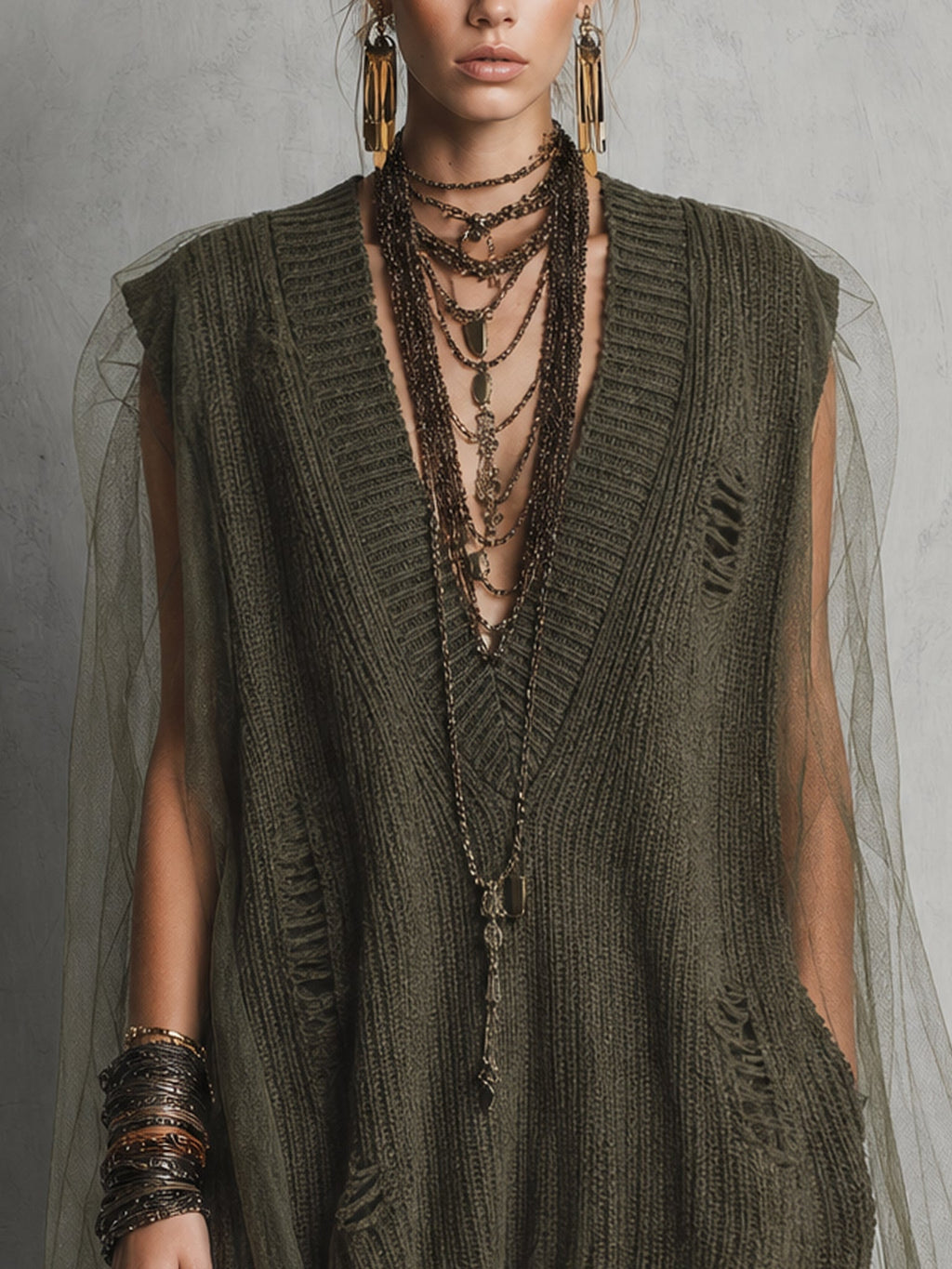 Green Deep V-Neck Knit Tulle Spliced Mini Dress