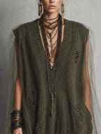 Green Deep V-Neck Knit Tulle Spliced Mini Dress