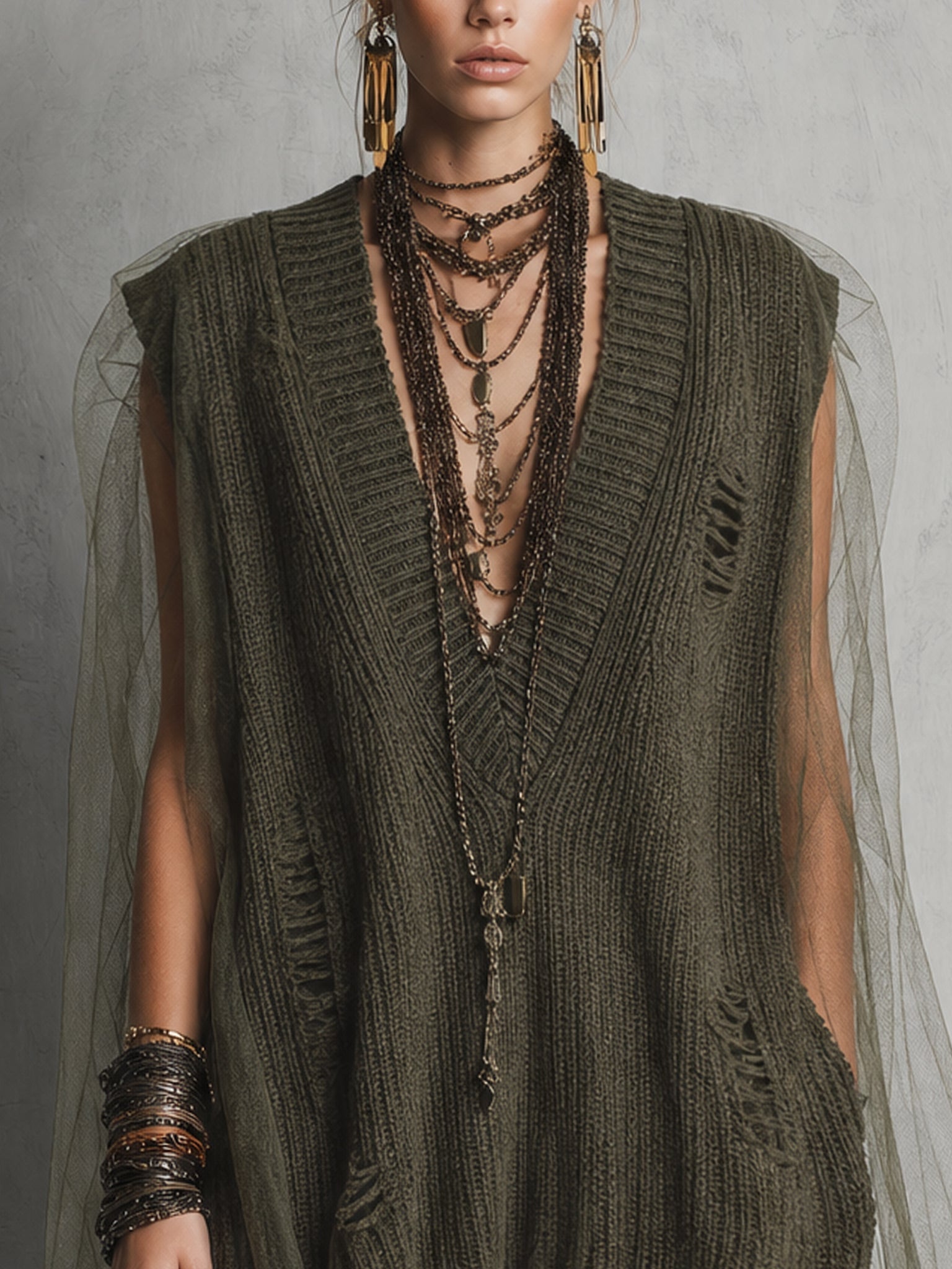 Green Deep V-Neck Knit Tulle Spliced Mini Dress