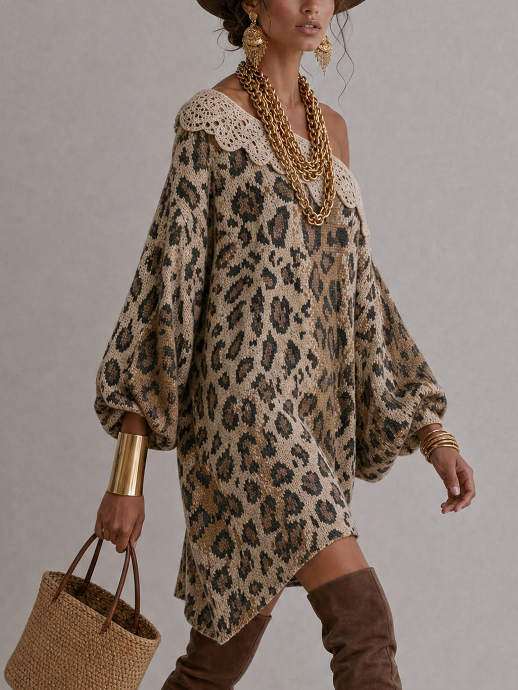 Brown Leopard Print Off Shoulder Knit Mini Dress