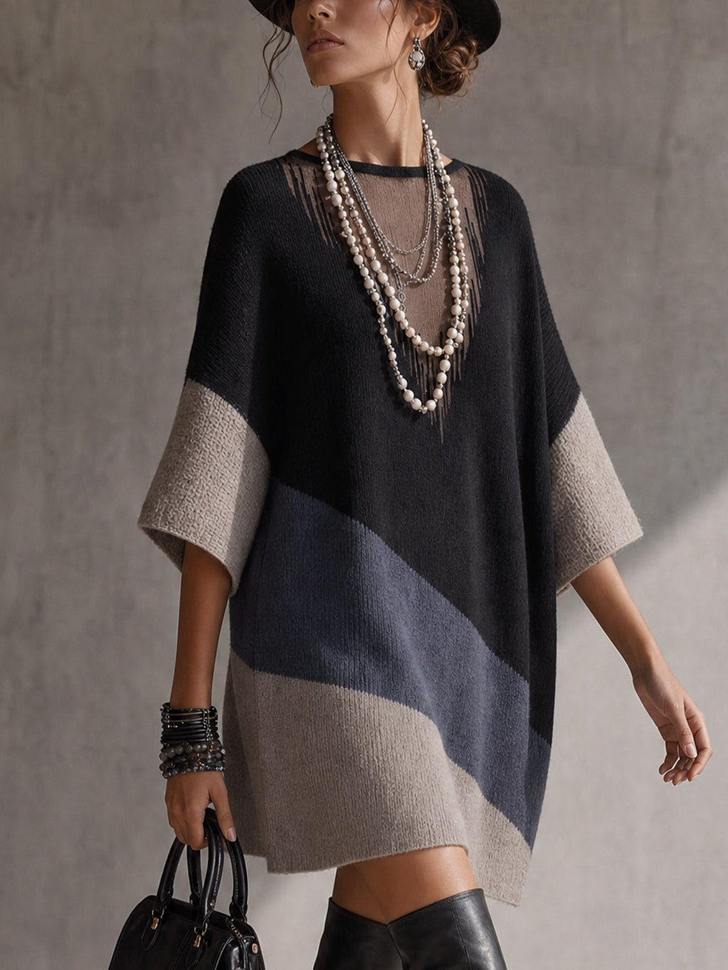 Black Color Block Sheer V-Neck Knit Mini Dress