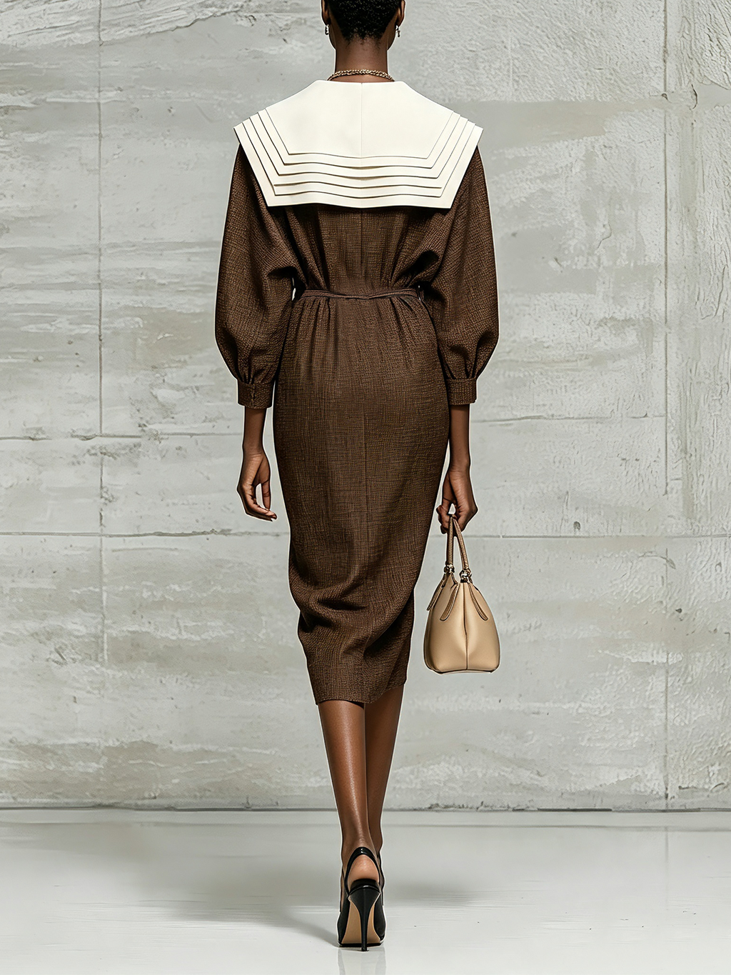 Brown Sailor Collar Tie Waist Midi Dress