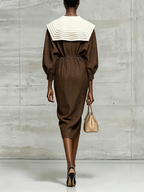 Brown Sailor Collar Tie Waist Midi Dress