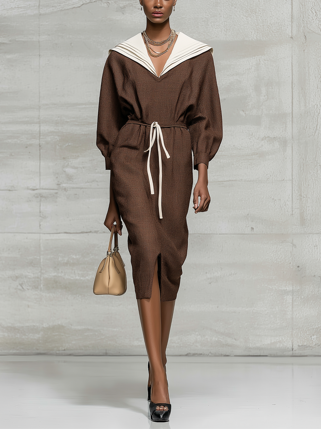 Brown Sailor Collar Tie Waist Midi Dress