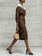 Brown Sailor Collar Tie Waist Midi Dress