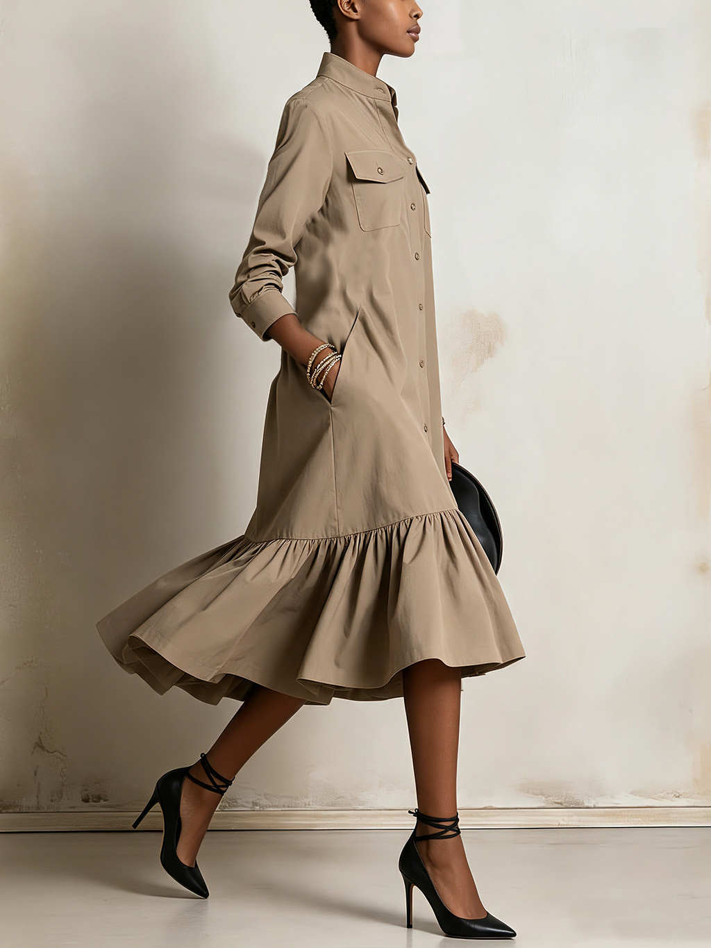 Khaki Button-Front Ruffle Hem Shirt Midi Dress
