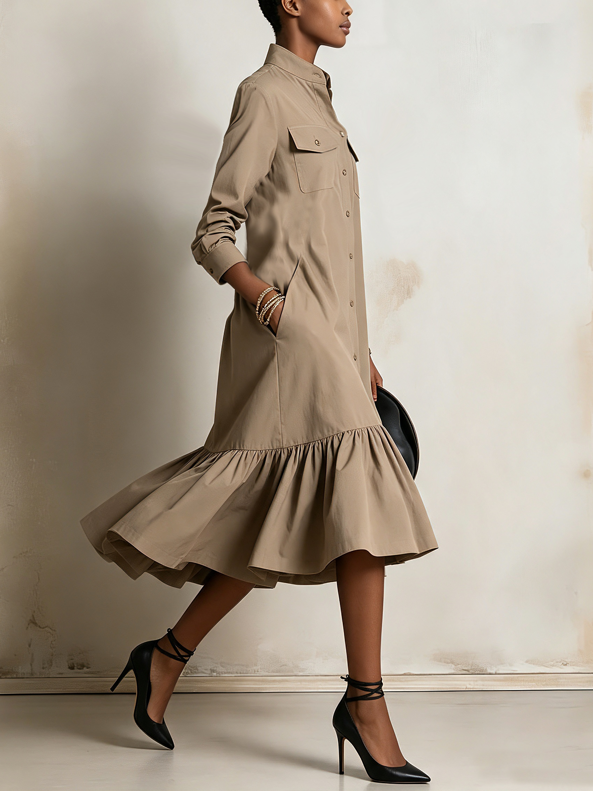 Khaki Button-Front Ruffle Hem Shirt Midi Dress