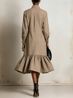 Khaki Button-Front Ruffle Hem Shirt Midi Dress