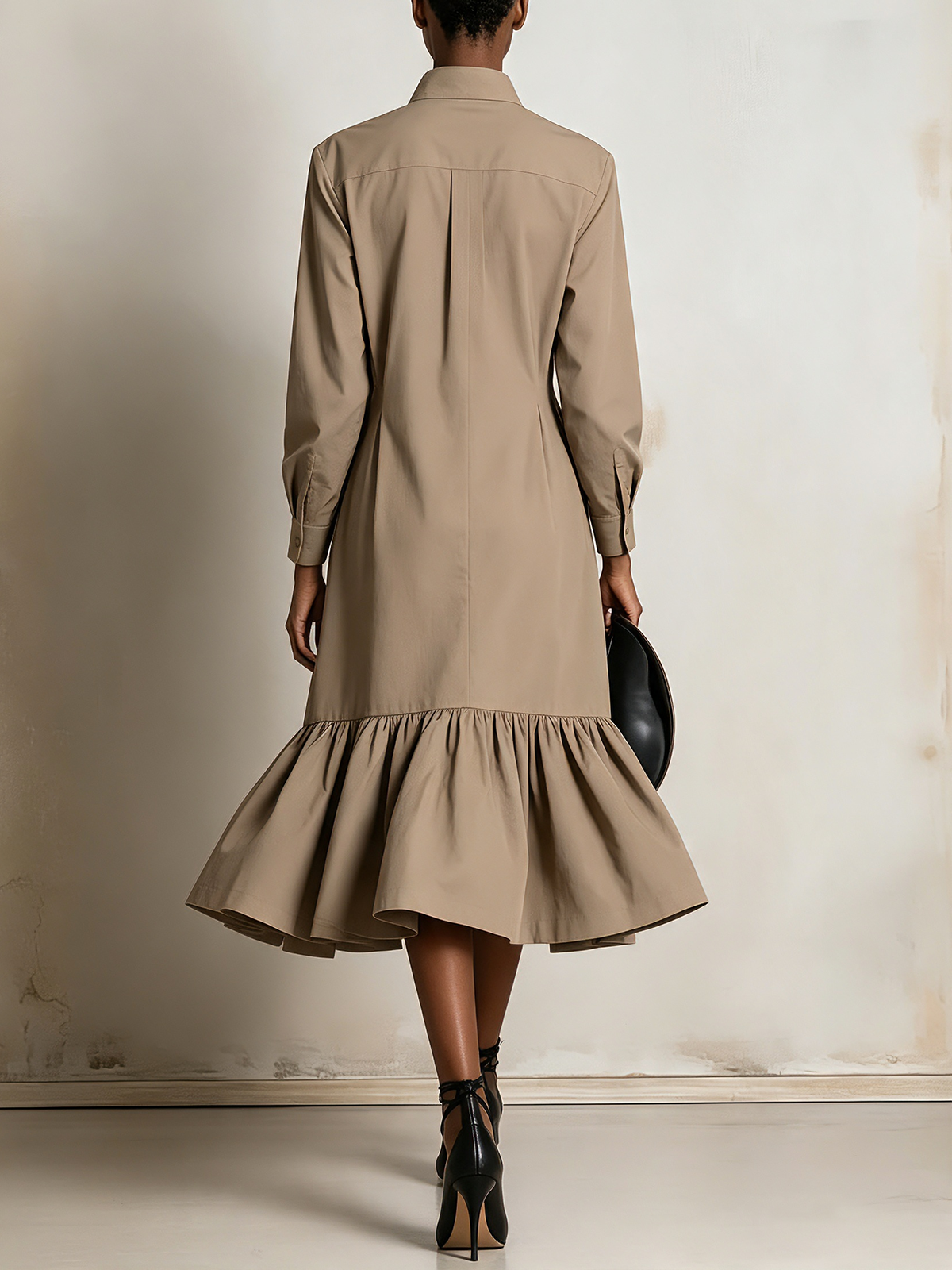 Khaki Button-Front Ruffle Hem Shirt Midi Dress