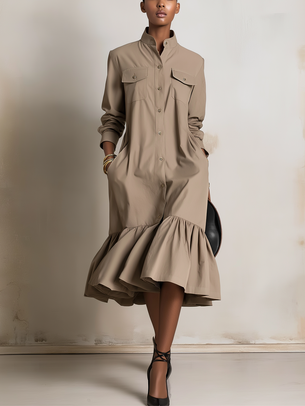 Khaki Button-Front Ruffle Hem Shirt Midi Dress