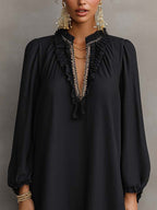 Black Linen Blend Mini Dress With Embellished Ruffle V-Neck Trim