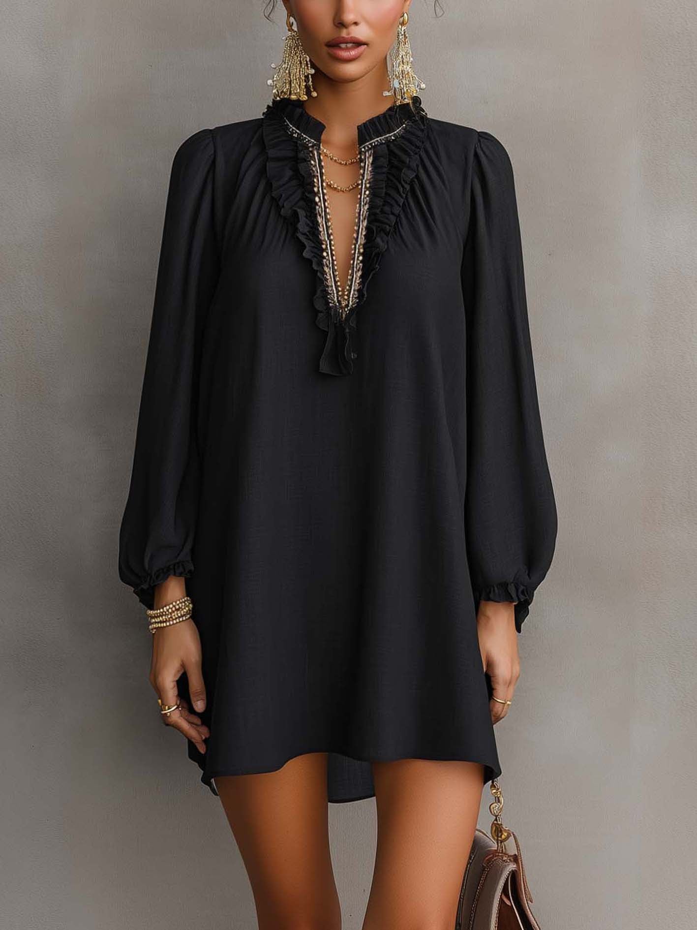 Black Linen Blend Mini Dress With Embellished Ruffle V-Neck Trim