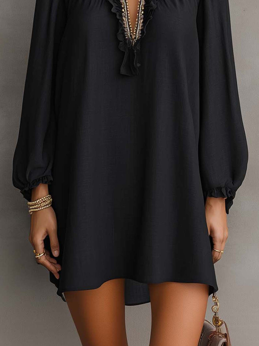 Black Linen Blend Mini Dress With Embellished Ruffle V-Neck Trim