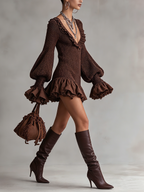 Chocolate Brown Ruffle Trim Deep V Mini Dress