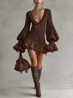 Chocolate Brown Ruffle Trim Deep V Mini Dress