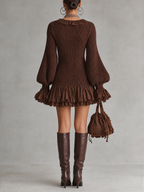 Chocolate Brown Ruffle Trim Deep V Mini Dress