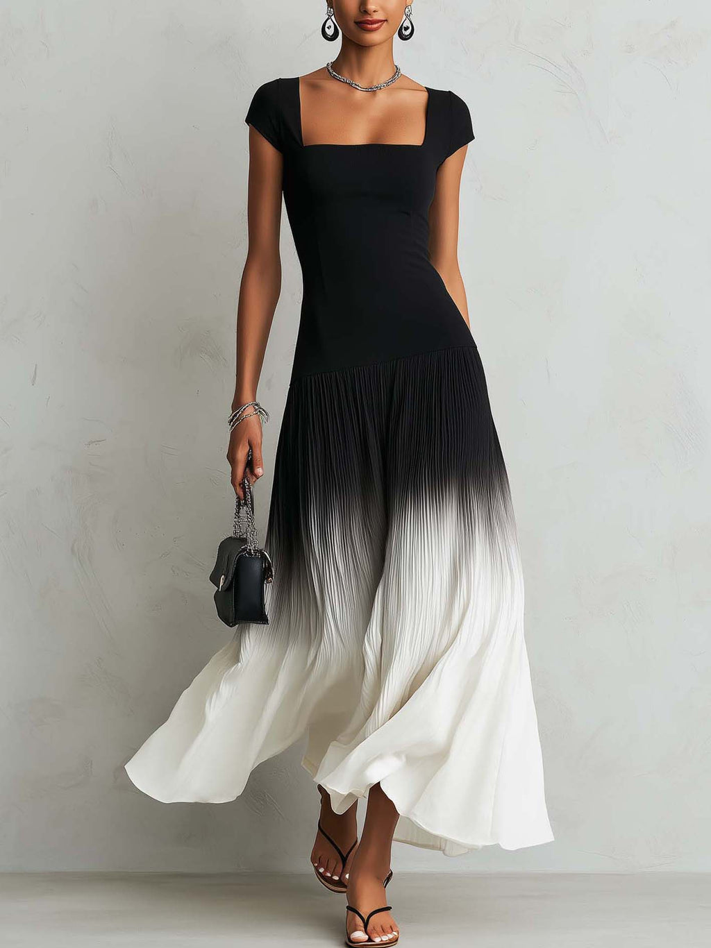 Black Square Neck Maxi Dress With Pleated Ombre Patchwork Hem