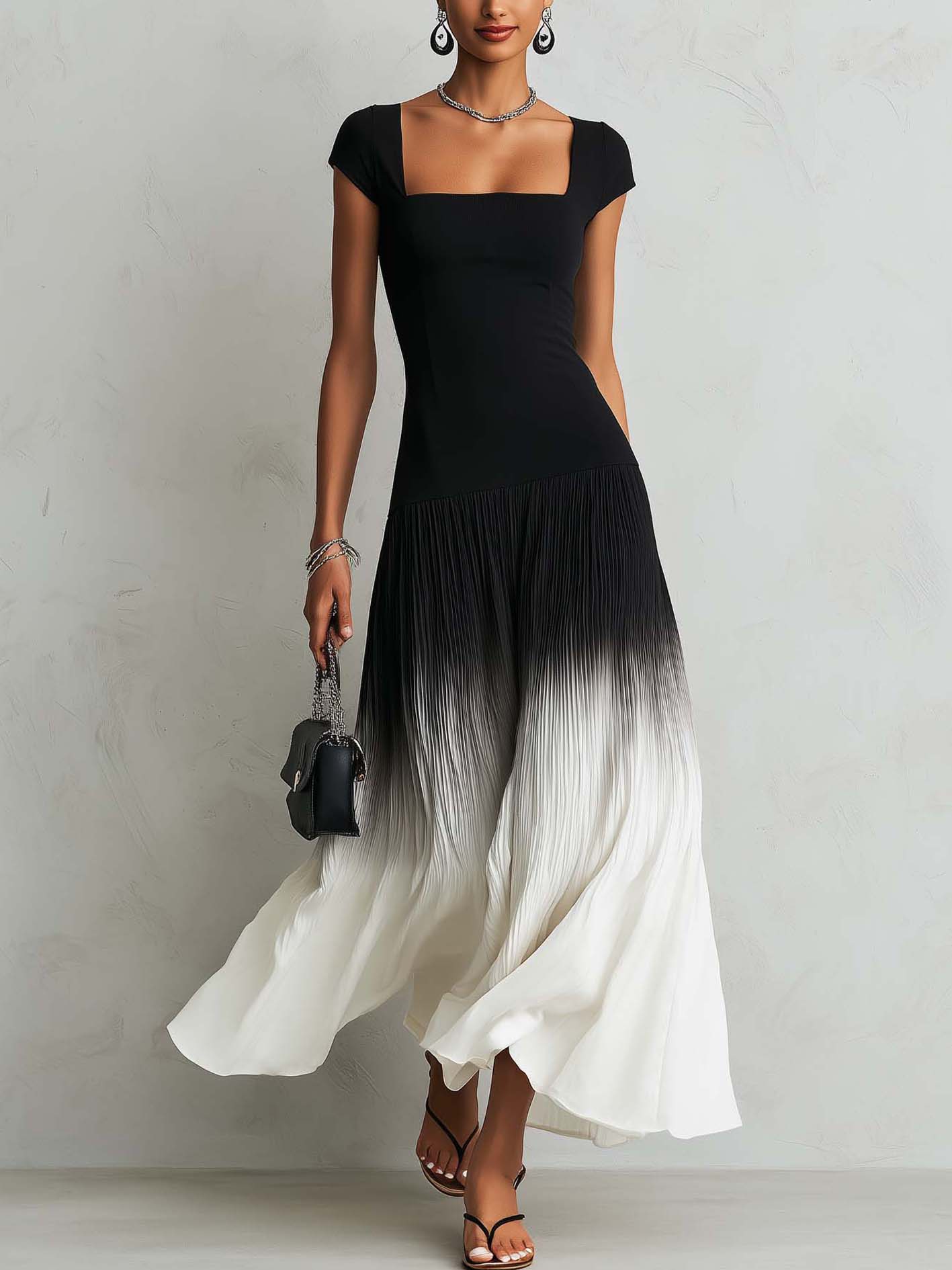 Black Square Neck Maxi Dress With Pleated Ombre Patchwork Hem