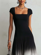Black Square Neck Maxi Dress With Pleated Ombre Patchwork Hem