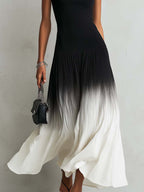 Black Square Neck Maxi Dress With Pleated Ombre Patchwork Hem