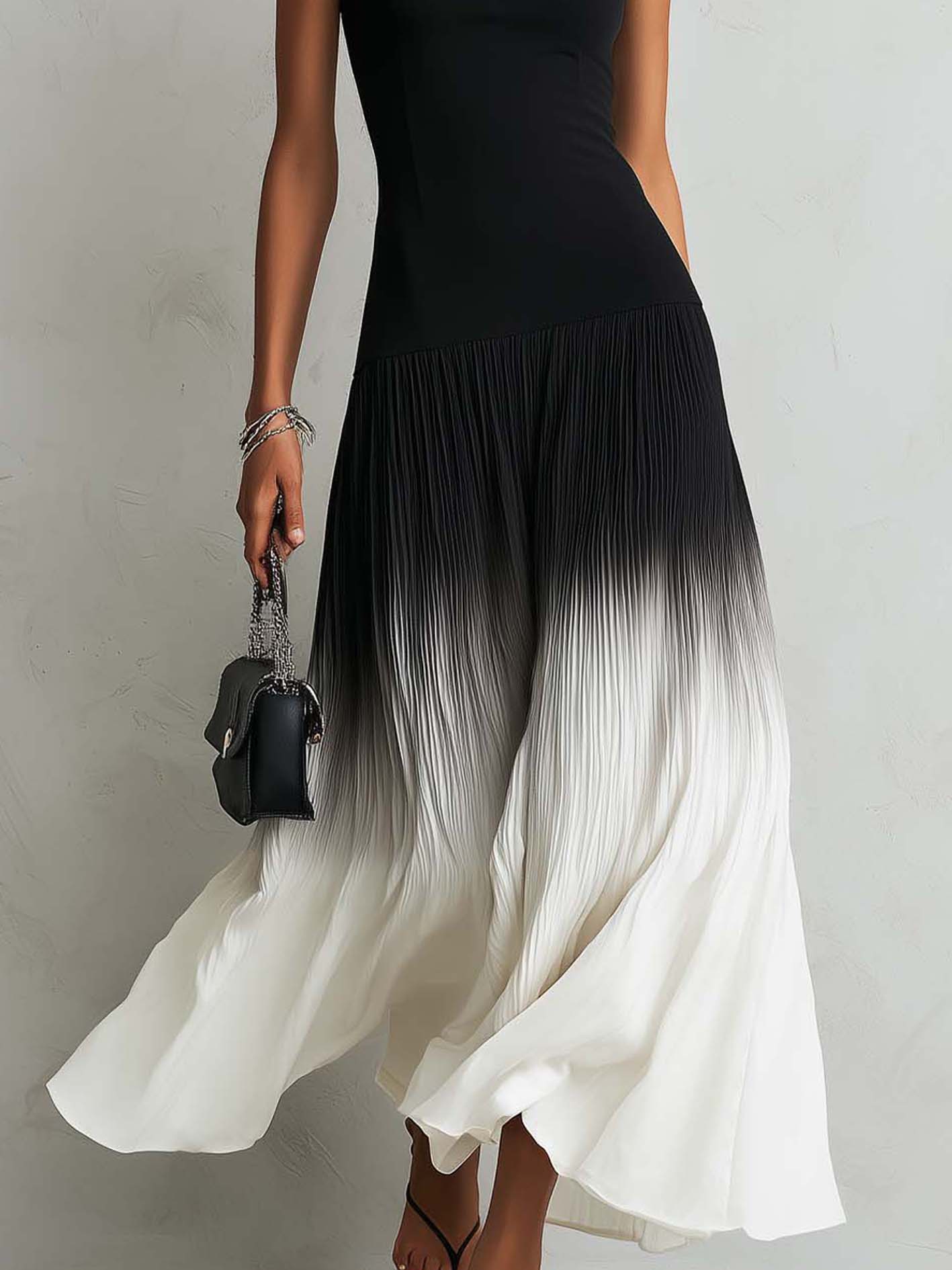Black Square Neck Maxi Dress With Pleated Ombre Patchwork Hem