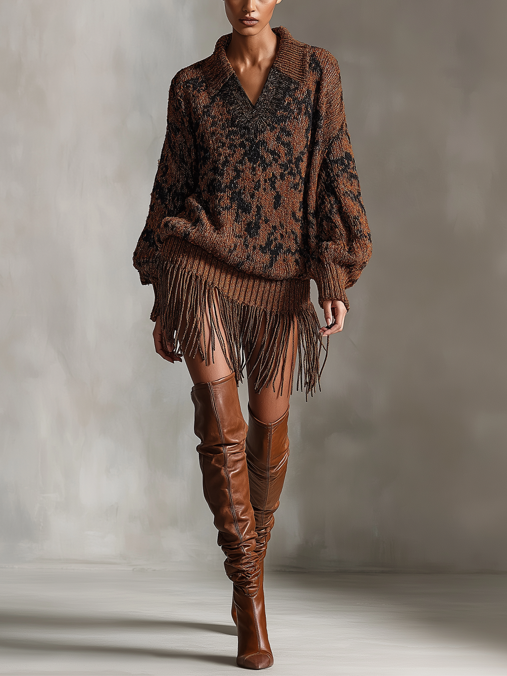 Brown Leopard Print Fringe Hem Sweater Mini Dress