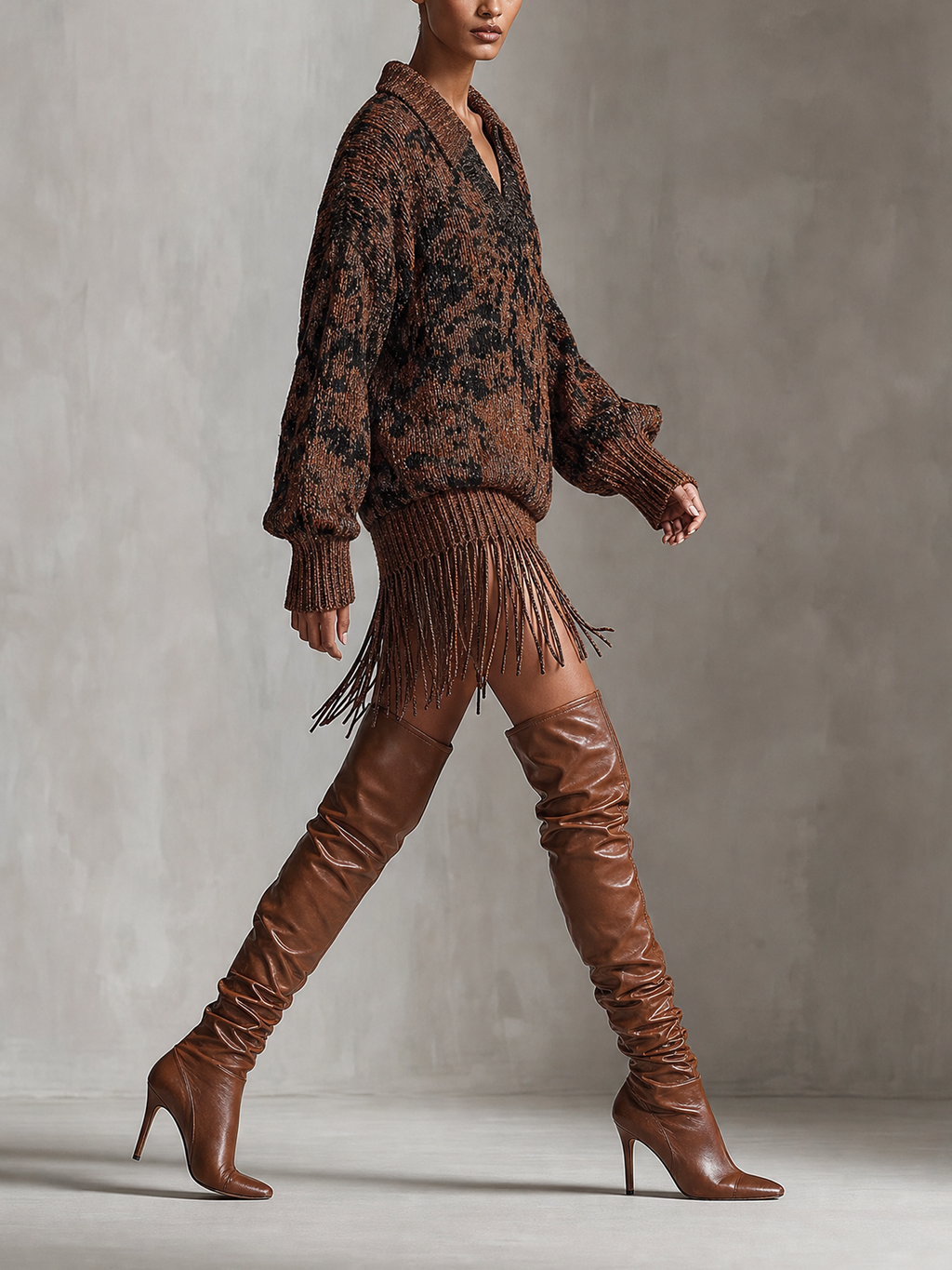 Brown Leopard Print Fringe Hem Sweater Mini Dress