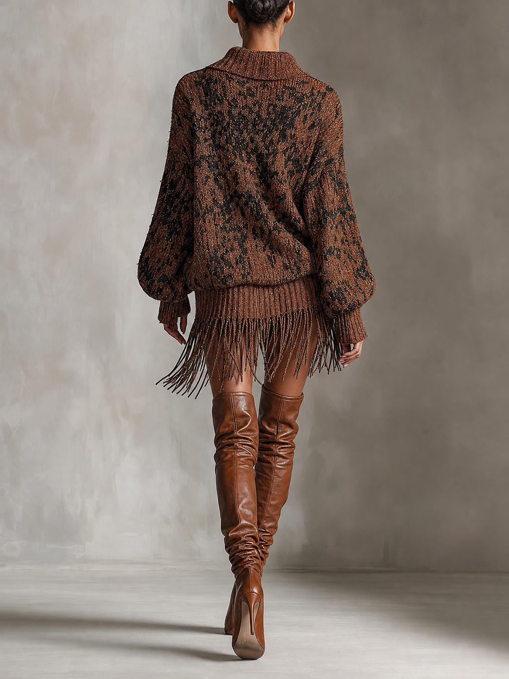 Brown Leopard Print Fringe Hem Sweater Mini Dress