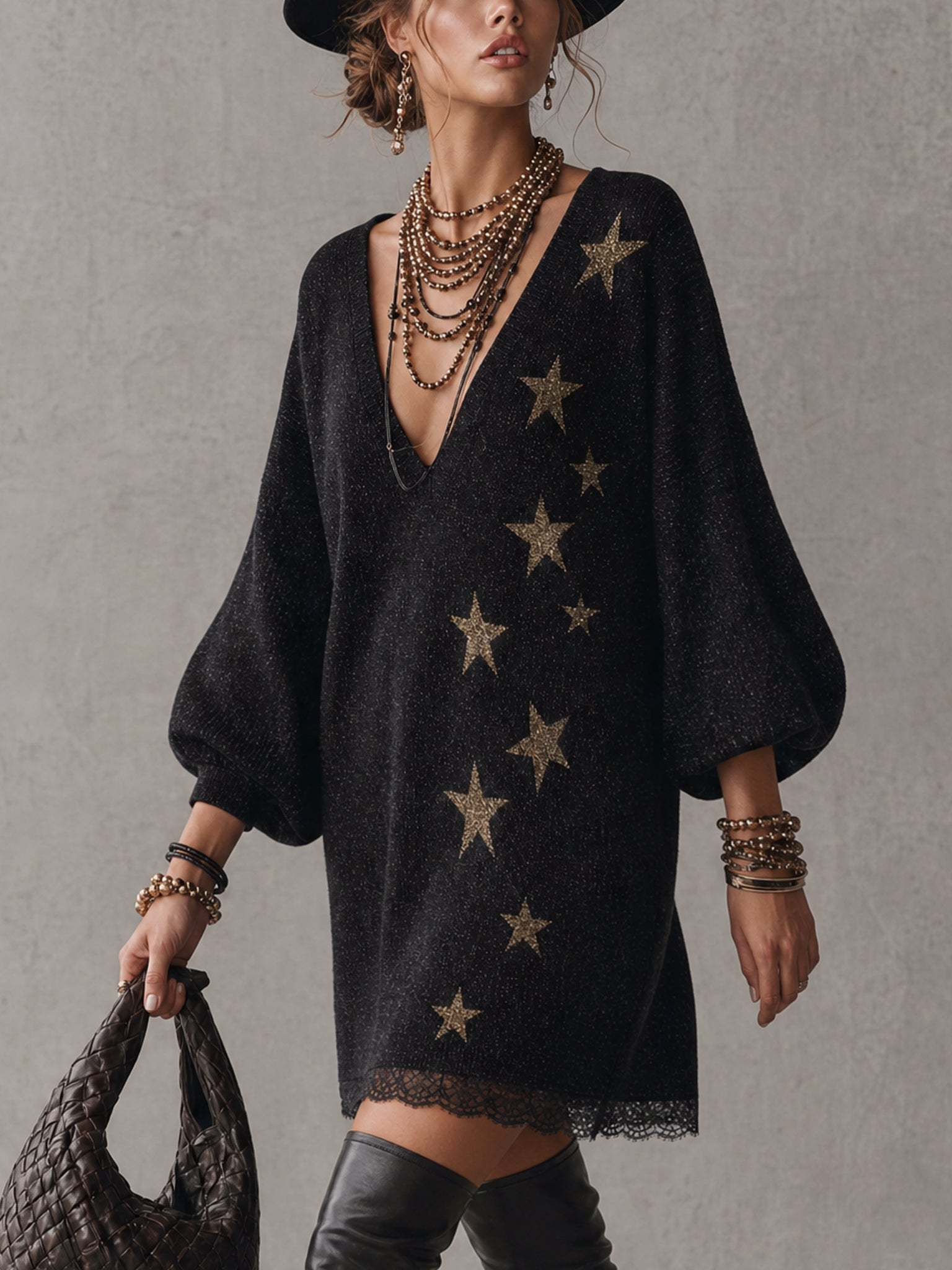 Black Shimmer Star Pattern Knit Mini Dress