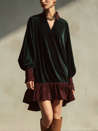 Dark Green Leopard Print Trim Ruffle Hem Mini Dress