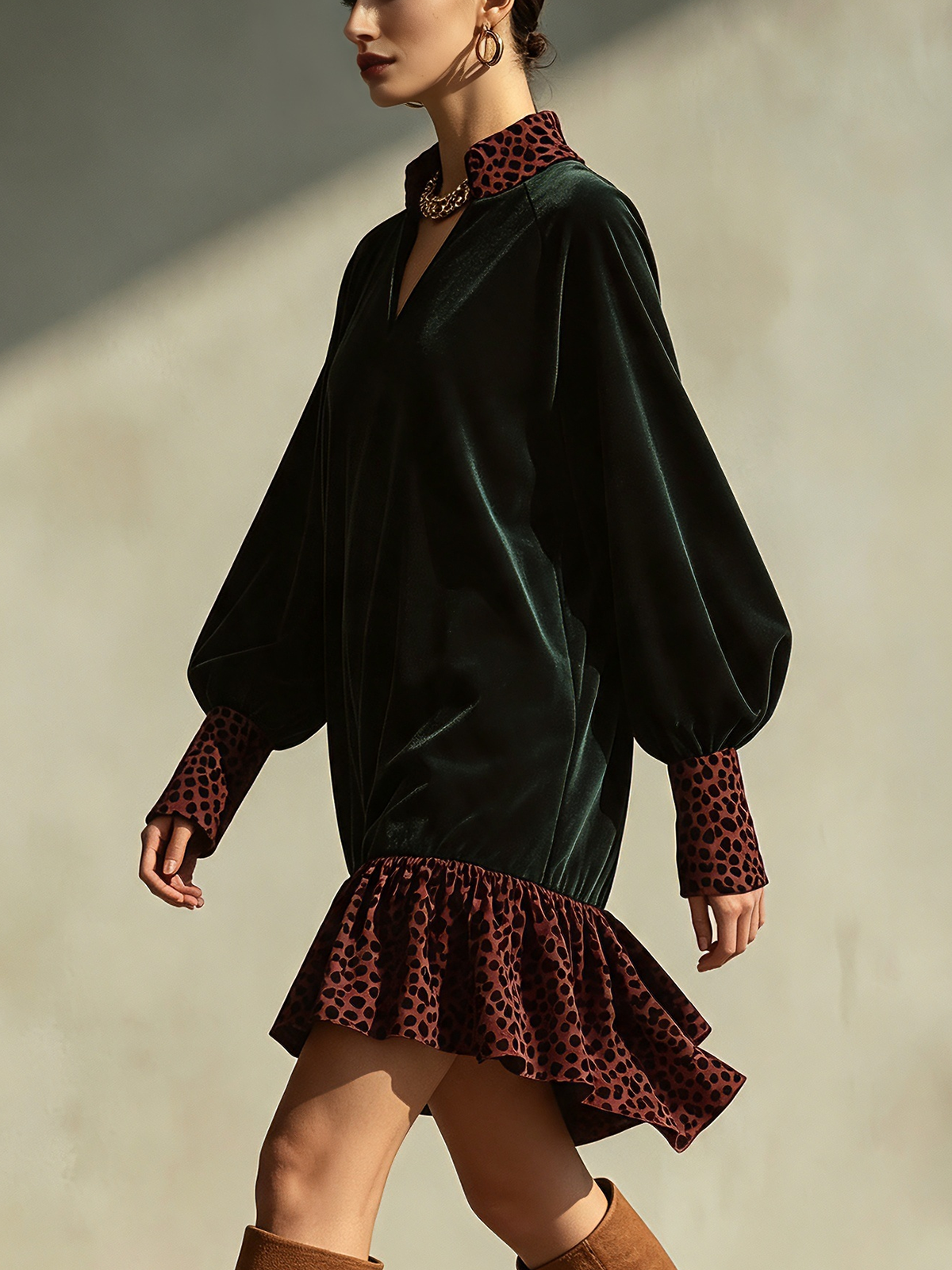Dark Green Leopard Print Trim Ruffle Hem Mini Dress
