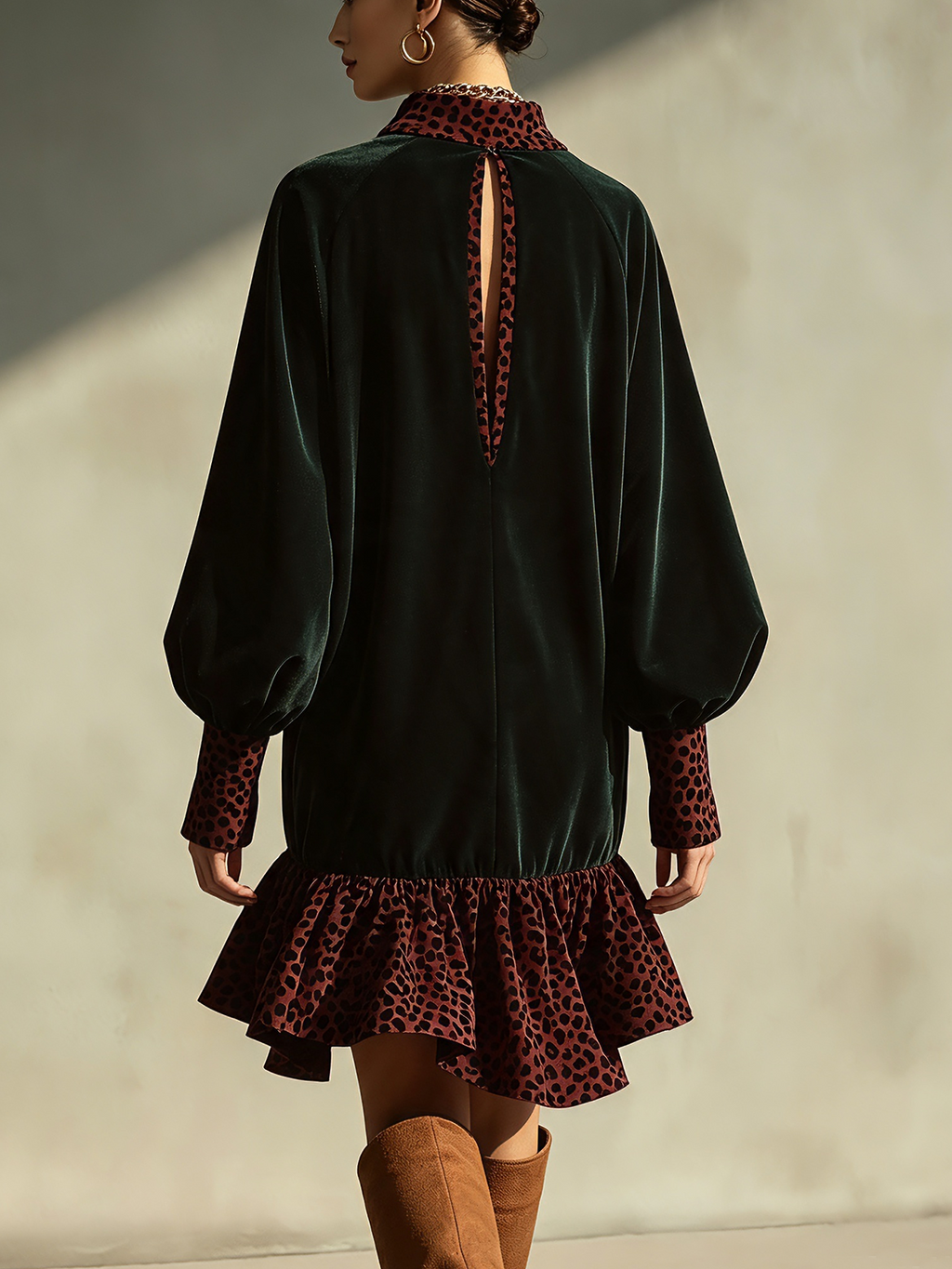 Dark Green Leopard Print Trim Ruffle Hem Mini Dress