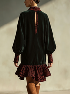 Dark Green Leopard Print Trim Ruffle Hem Mini Dress