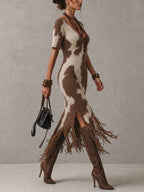 Brown Animal Print Fringe Knit Bodycon Dress