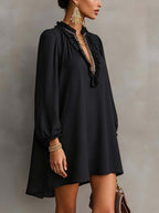 Black Linen Blend Mini Dress With Embellished Ruffle V-Neck Trim