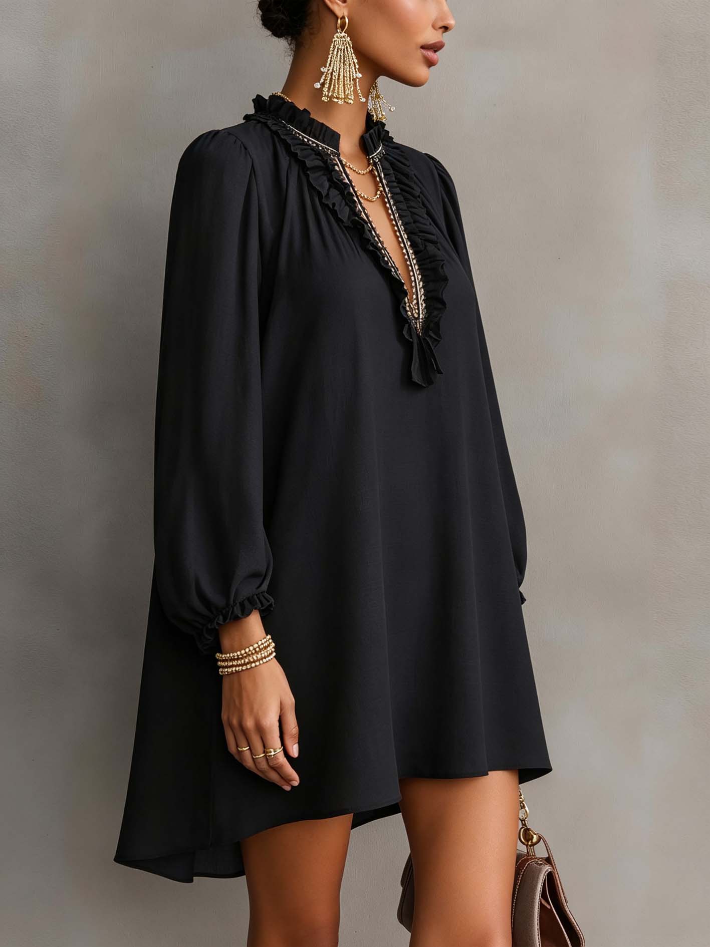 Black Linen Blend Mini Dress With Embellished Ruffle V-Neck Trim