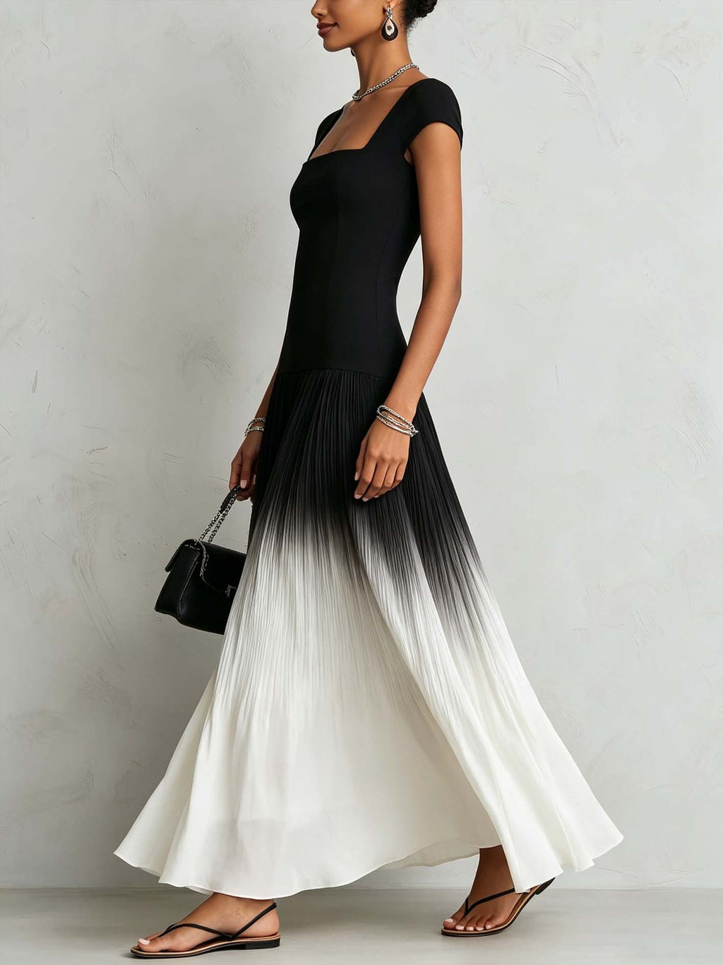 Black Square Neck Maxi Dress With Pleated Ombre Patchwork Hem