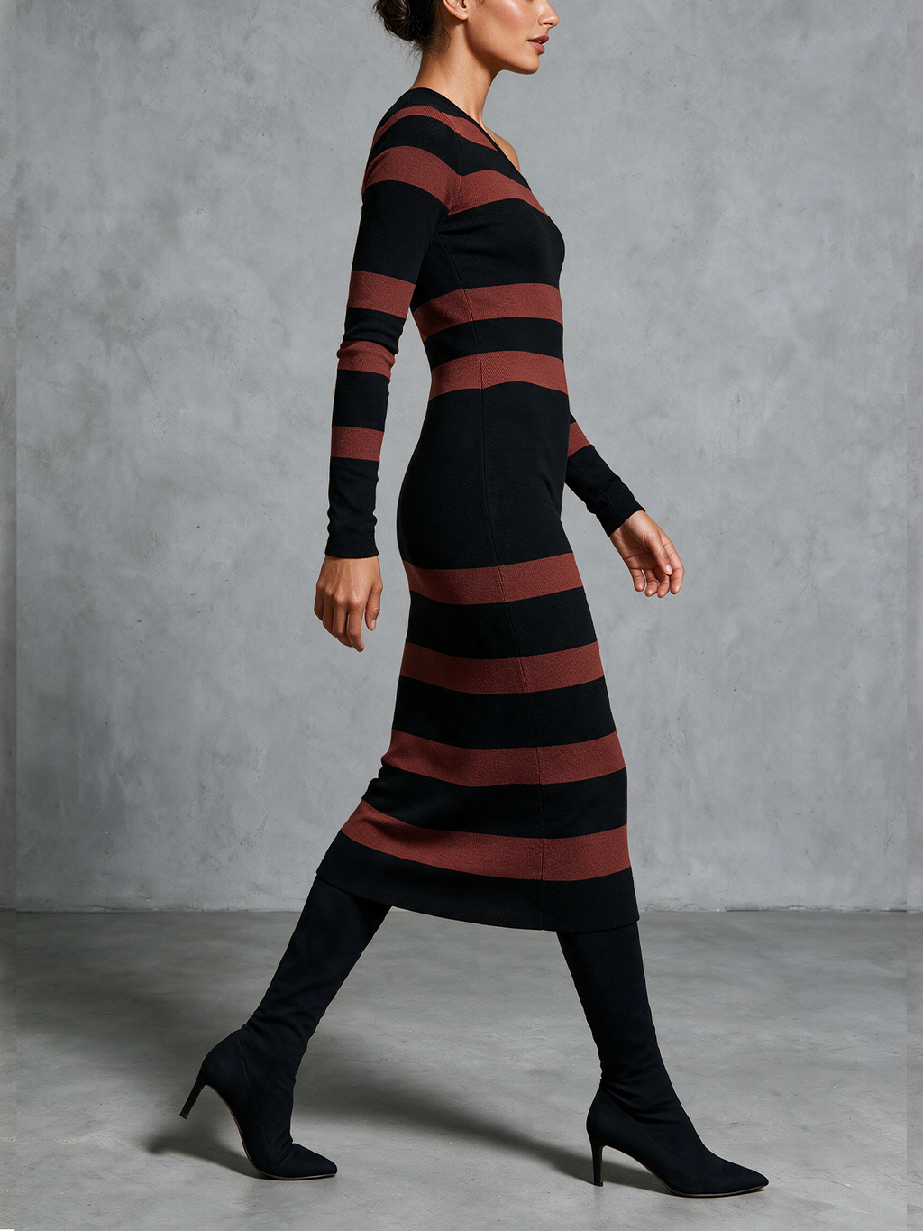 Black And Red Striped One-Shoulder Knit Midi Dress