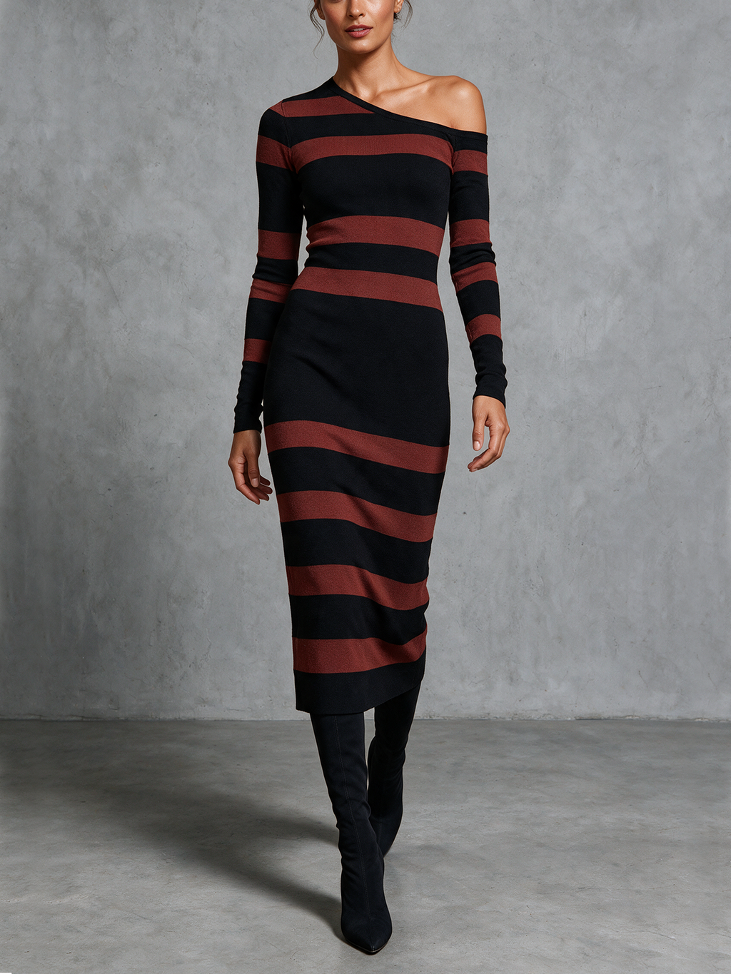 Black And Red Striped One-Shoulder Knit Midi Dress