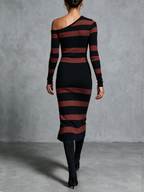 Black And Red Striped One-Shoulder Knit Midi Dress
