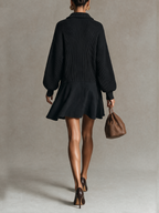 Black Ribbed Zip-Neck Balloon Sleeve Mini Dress