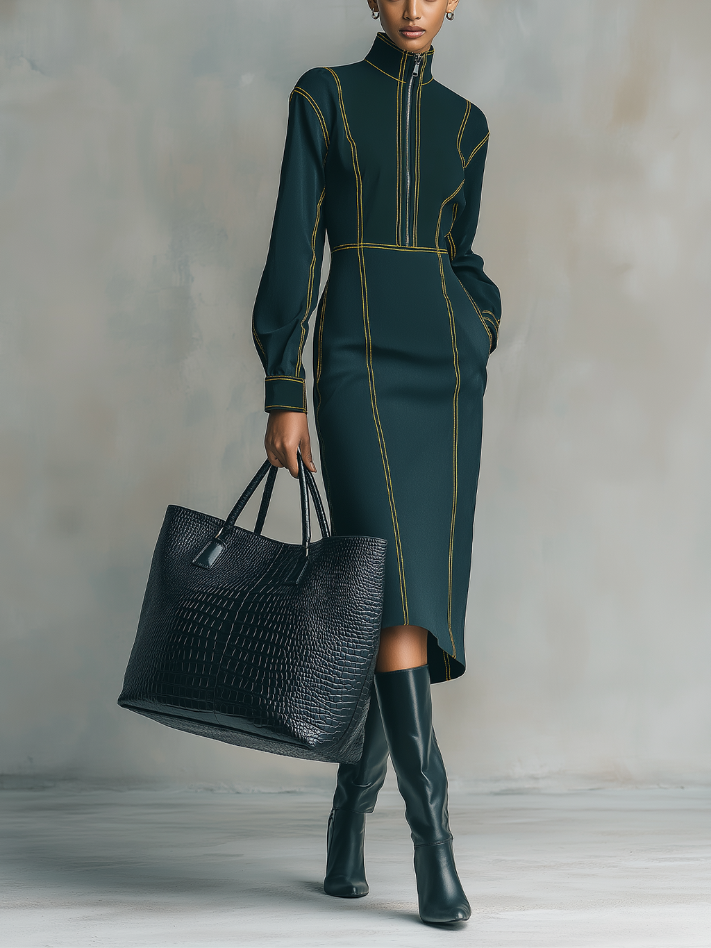 Dark Green Contrast Stitch High Neck Midi Dress