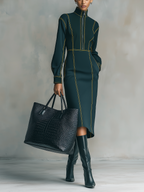 Dark Green Contrast Stitch High Neck Midi Dress